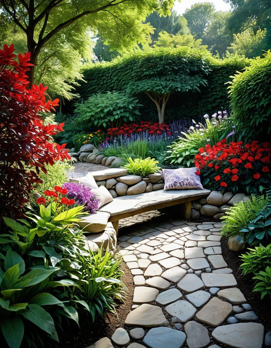 A serene garden oasis featuring vibrant flowers, lush greenery, and a tranquil water feature. Include expert gardeners tending to the plants, showcasing various tools and techniques. The scene should convey harmony and beauty, with soft sunlight filtering through leaves. Add a winding pathway leading to a cozy seating area surrounded by flourishing plants. super-realistic. vibrant colors.