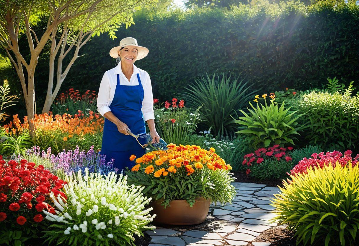 A beautifully arranged garden showcasing a variety of vibrant native plants and intricate floral arrangements. Include a stylishly dressed gardening expert demonstrating tips, surrounded by lush greenery and colorful blooms. Incorporate tools and materials for gardening scattered artistically around. The scene is set under a sunny sky, emphasizing the beauty of a professional touch in gardening. painting. vibrant colors. natural sunlight.