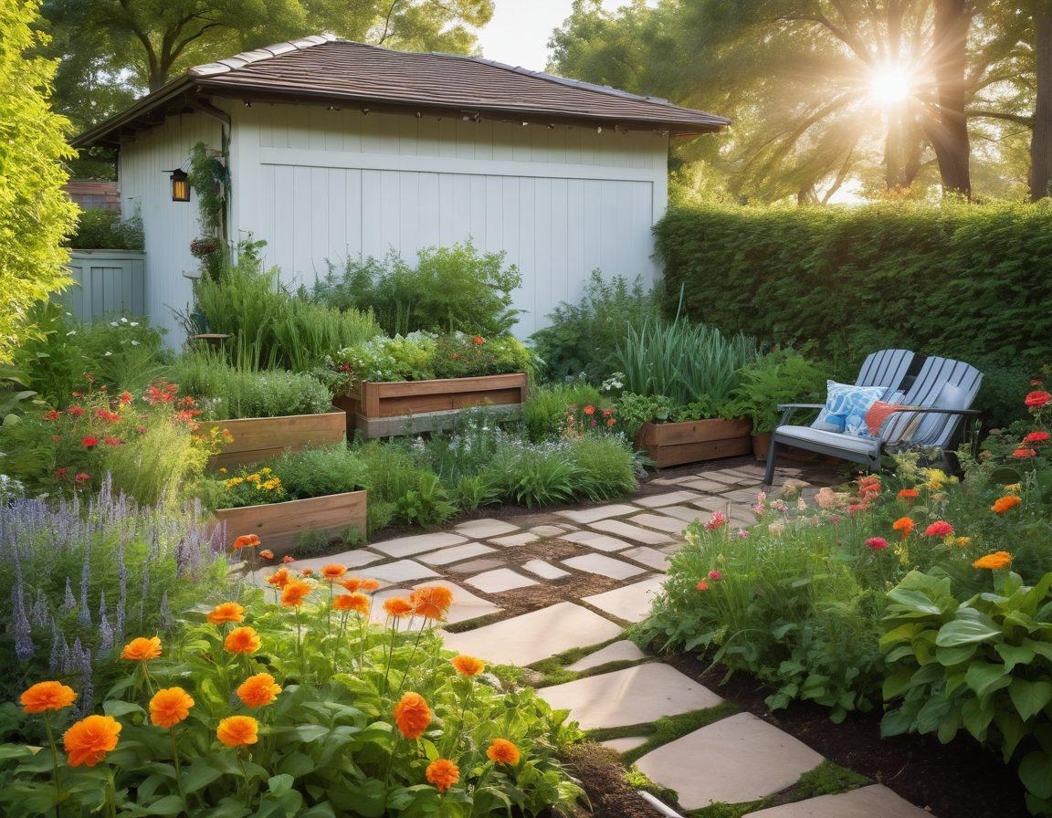 A serene garden scene showcasing sustainable gardening practices, featuring a variety of colorful flowers, lush green plants, and a small vegetable patch. Incorporate elements like a compost bin and a rainwater collection system to emphasize eco-friendliness. Include a cozy seating area surrounded by greenery, with gentle sunlight filtering through the leaves. Depict a harmony between nature and human presence, highlighting beauty and sustainability. vibrant colors. super-realistic.